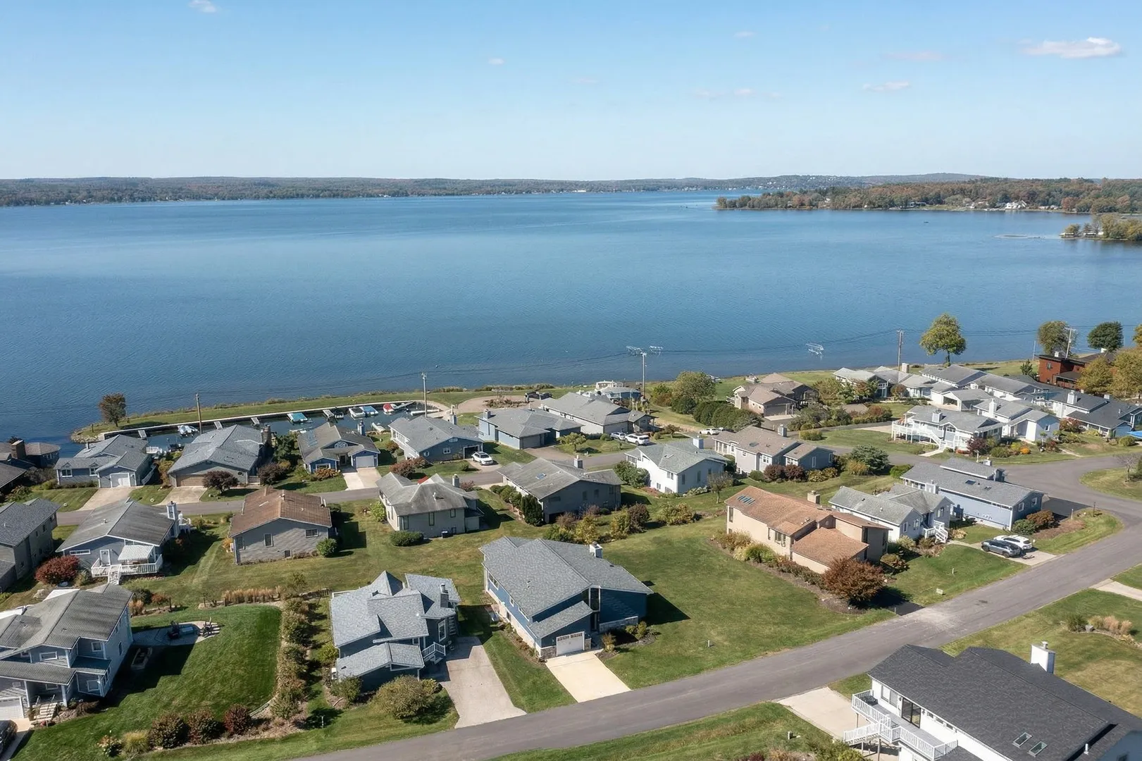 Aerial view of lakeside homes along Chautauqua Lake near Dewittville, New York
